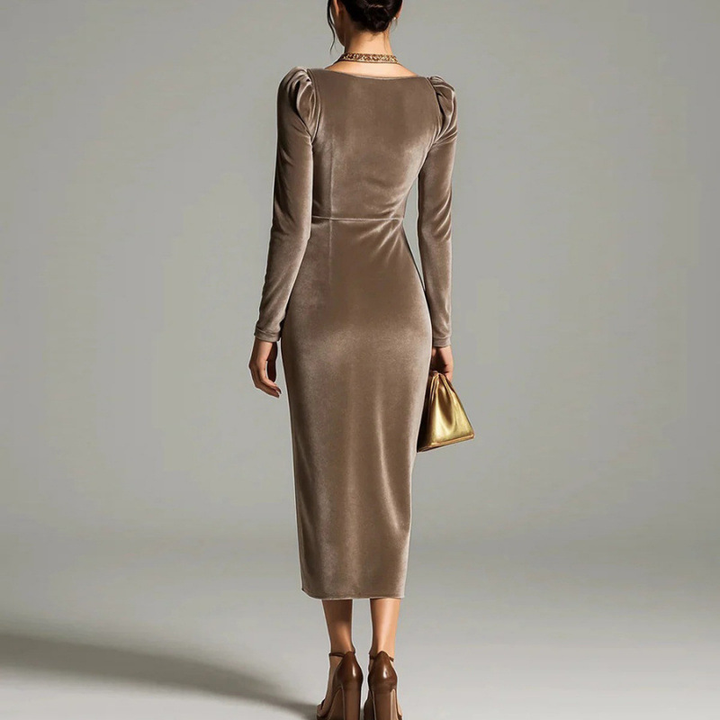 Long Sleeve Pleated Long Slit Velvet Sheath Dress - Image 4