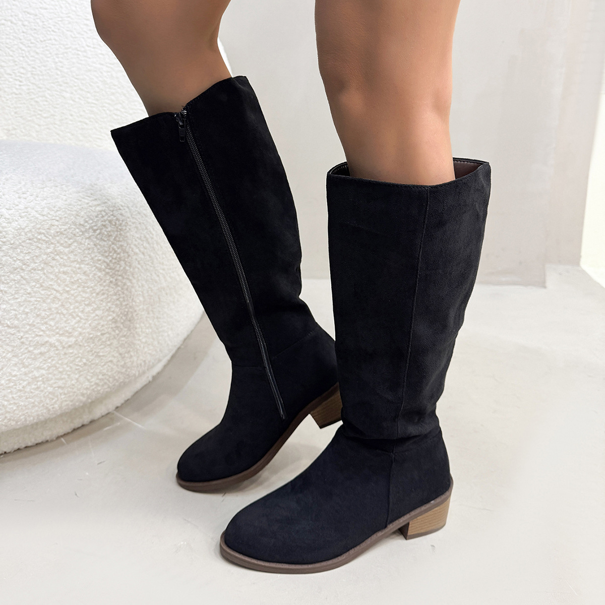 Chunky Heel Small Slim Suede Over The Knee Side Zipper Boots - Image 7