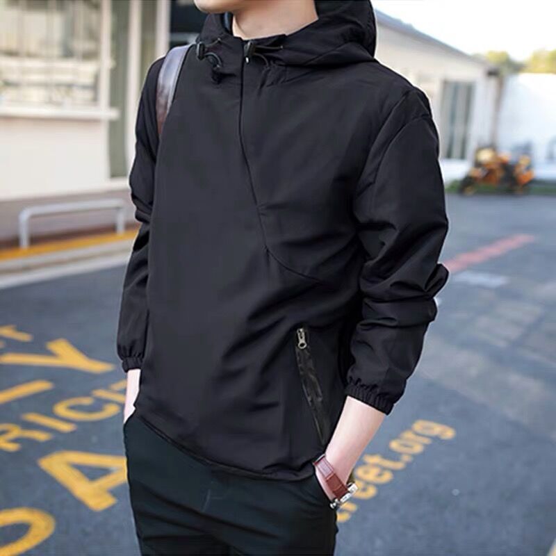 Spring Autumn Hooded Sweater Diagonal Zip Men's Jacket - Image 5