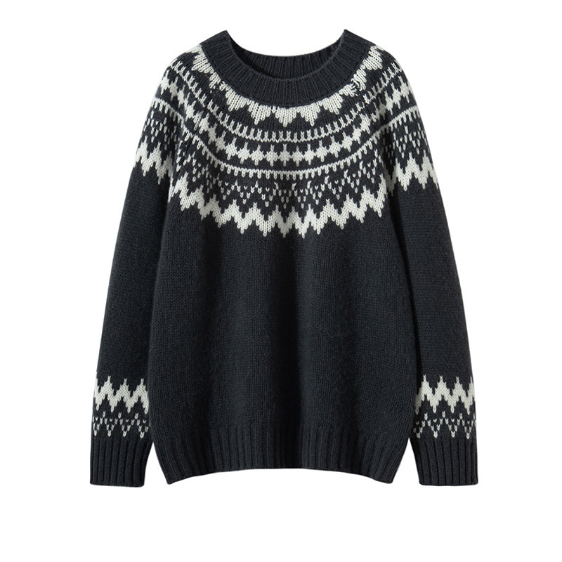 Women's Loose And Lazy Style Pullover Two-tone Jacquard Round Neck Sweater - Image 5