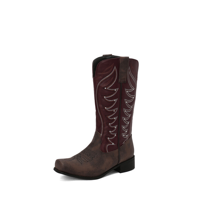 West Embroidered Denim Totem Square Toe Mid-heel High Leg Boot - Image 5