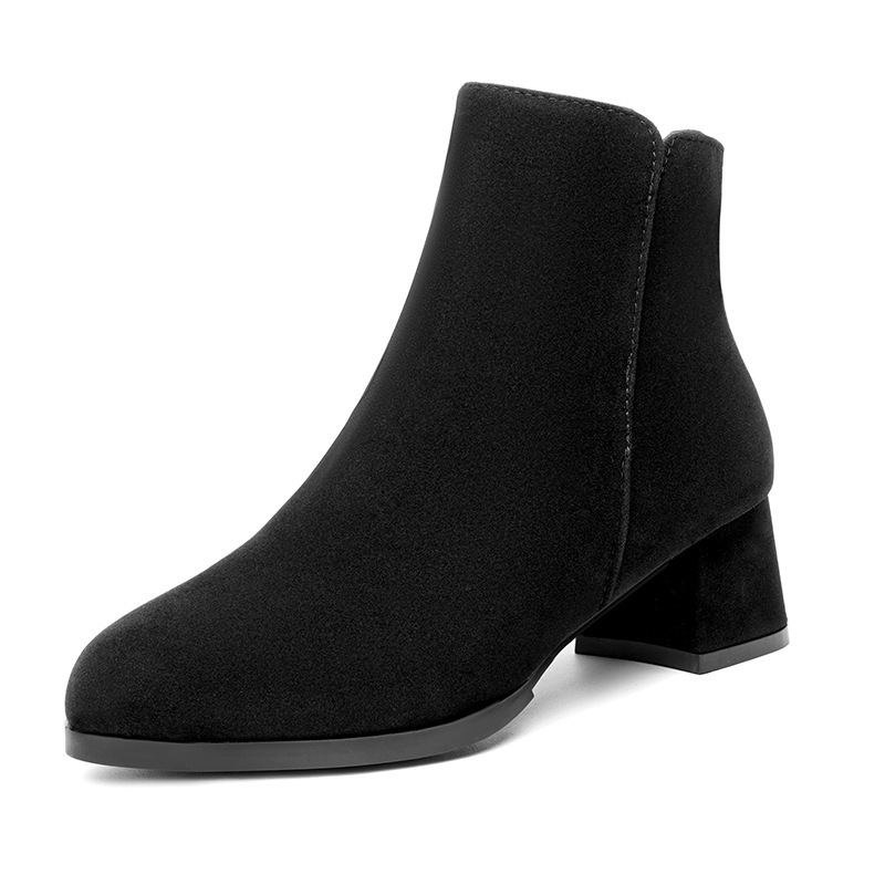 Pointed-toe Frosted Suede Side Zipper Chunky Heel Mid Heel Plus Size Female Boots - Image 6