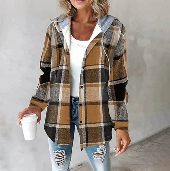 Plaid Hooded Jacket Fashion Casual Button Pocket Coat Autumn And Winter Women's Clothing — изображение 7