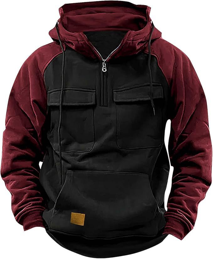 Fall Winter Retro Cargo Hoodies Men's Half Zipper Solid Warm Fleece Sweatshirts Multi Pockets Male Hooded Jackets Thick Outdoor Hooded - Image 7