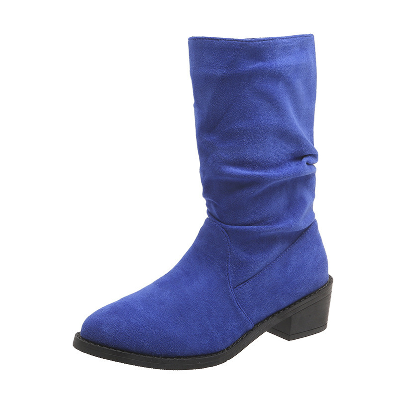 Large Size Thick Heel Pointed Toe Mid-calf Smoke Pipe Boots For Women - Image 9