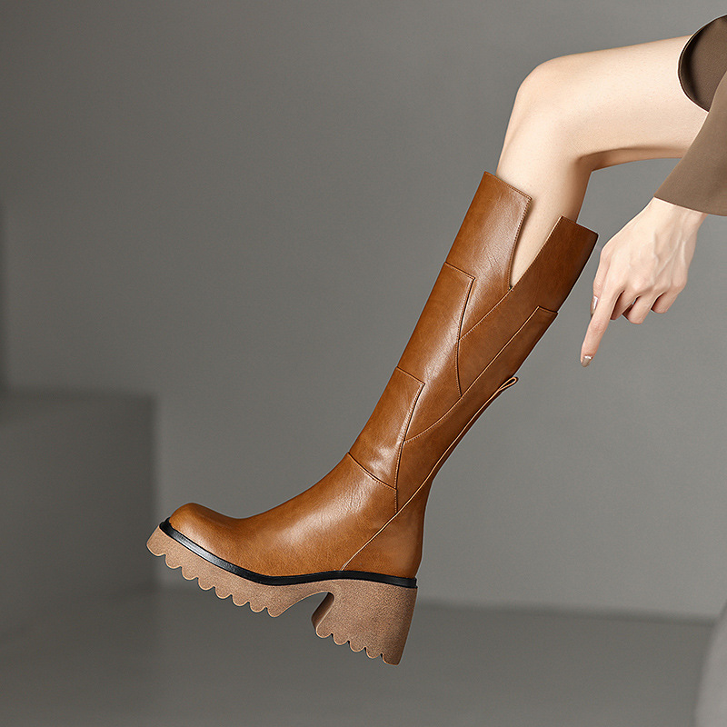 Brown Women's Platform Below The Knee Boots - Image 2