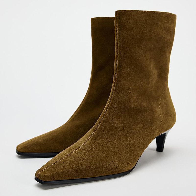 Square Toe High Heel Middle Boots Side Zipper Retro Kitten Heel Booties - Image 4