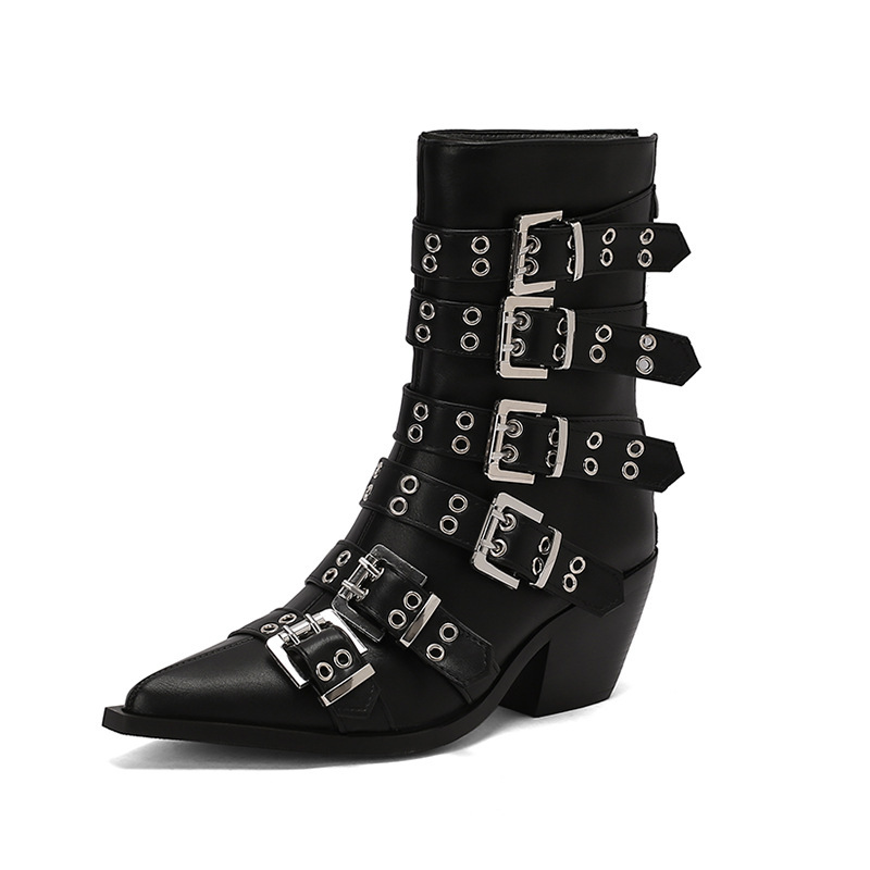 Autumn And Winter Pointed Knight Women's Boots Plus Size Punk Belt Buckle Booties - Image 7