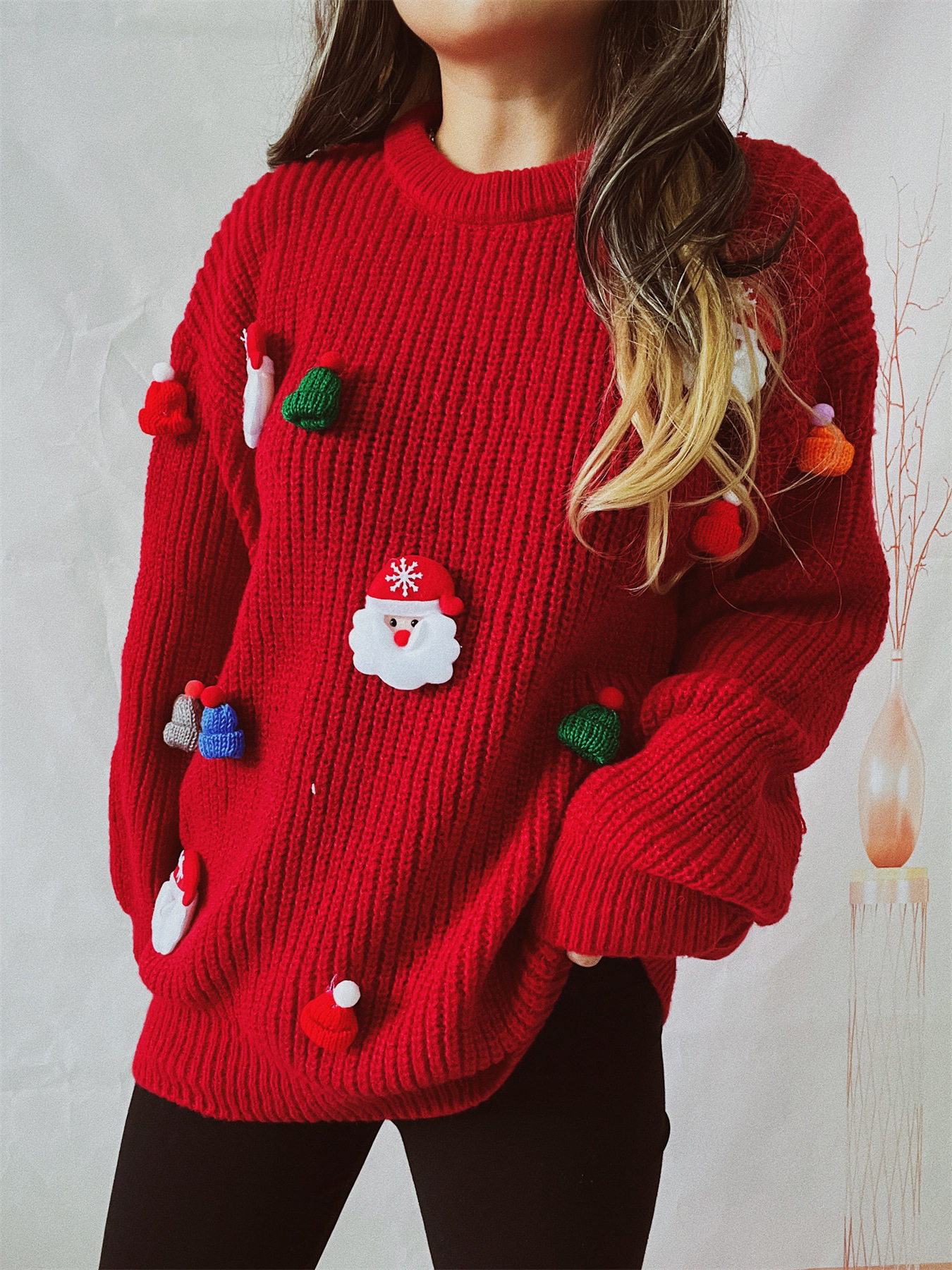 Women's Cute Fashion Santa Claus Three-dimensional Decoration Round Neck Long Sleeve Sweater - Image 5