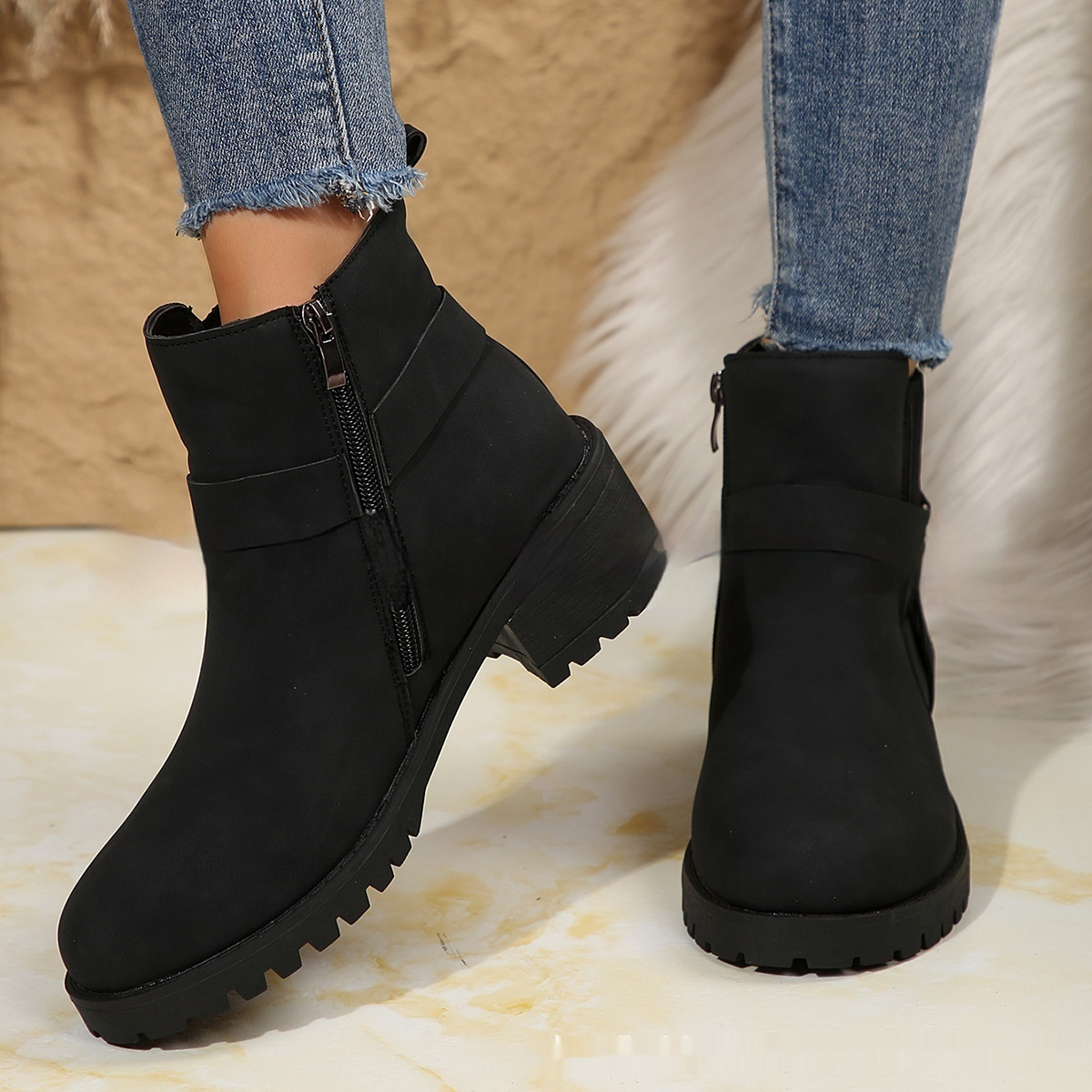 Belt Buckle Women's Ankle Boots Elastic Band - Image 3