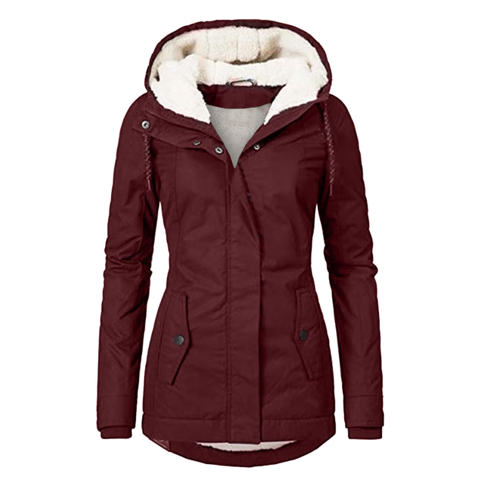 Winter Hooded Jacket Solid Color Warm Buckle Zip-up Fleece Jacket With Pockets Women's Casual Jacket - Image 3