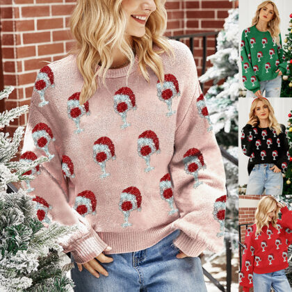 Brocade Cute Puff Sleeve Christmas Sweater
