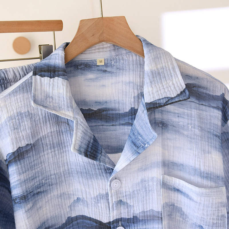 Cotton Double Yarn Crepe Short Sleeve Shorts Men's Pajamas Suit — изображение 2