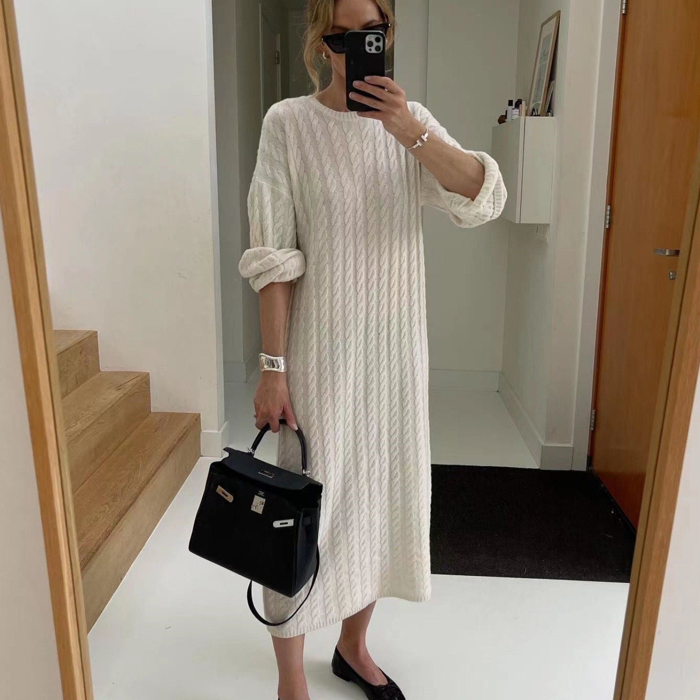Wool Mid-length Round Neck Long Sleeve Twisted Knitted Dress - Image 6