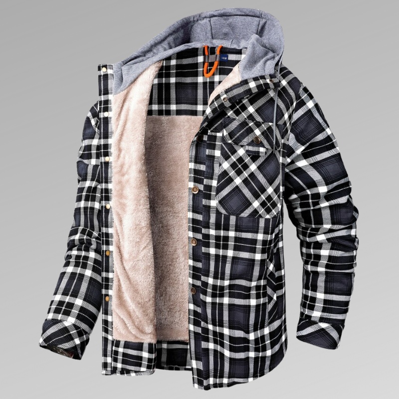 Men's Long Sleeve Velvet Thickened Hooded Plaid Shirt Coat - Image 3