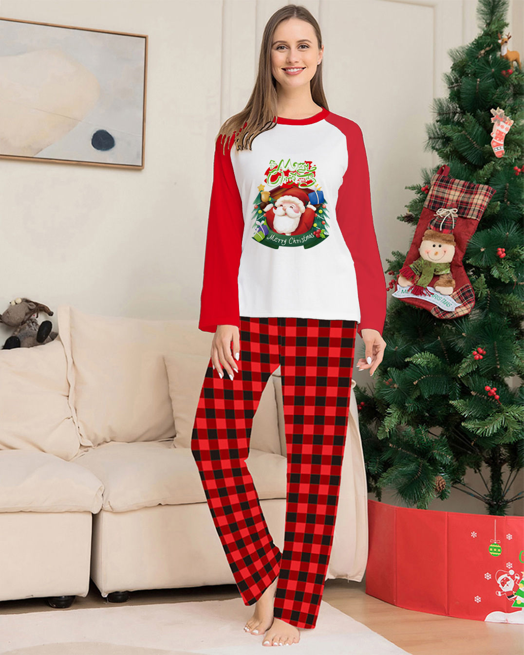 Christmas Parent-Child Clothes Set Long Sleeve T-Shirt Plaid Pants Family Matching Pajamas - Image 5