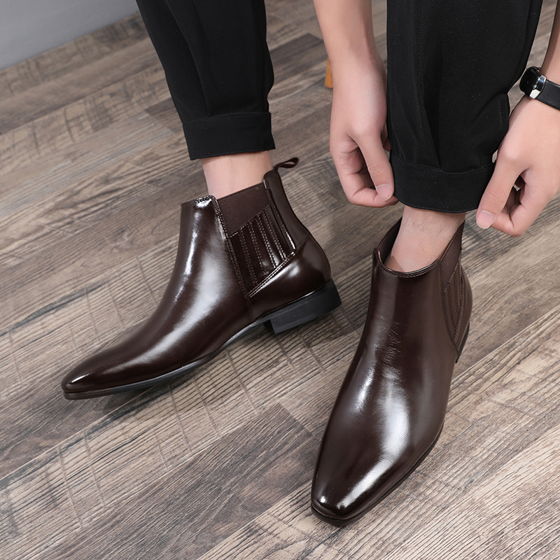 Pointed Toe Chelsea-style Boots For Men Fashion British Style Square Heel Business Formal Leather Shoes - Image 3