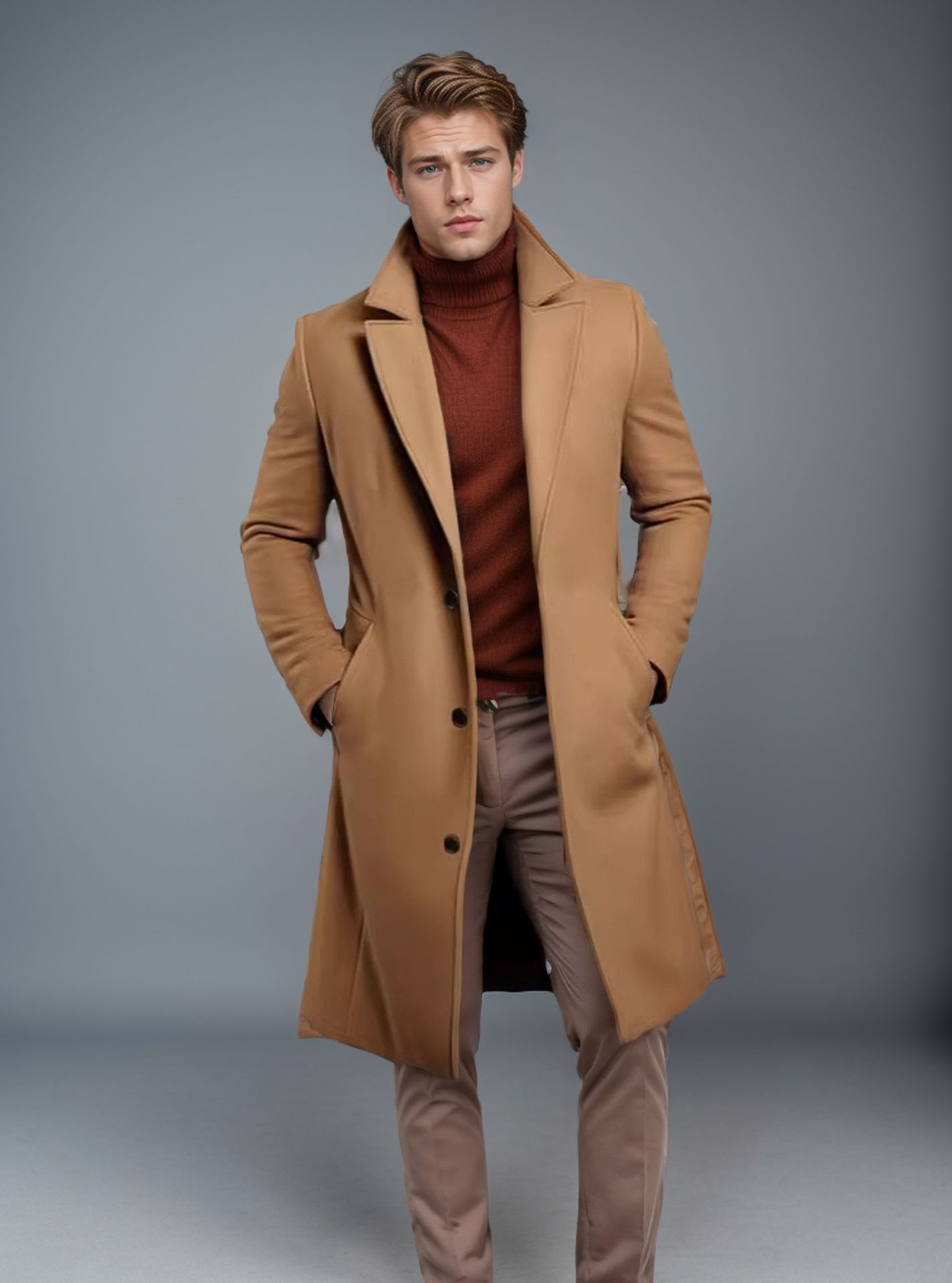 Men's Mid-length Trench Coat Fall Winter Slim Pockets Single-breasted Collar Jacket Casual Business Comfortable Overcoat Clothing - Image 6