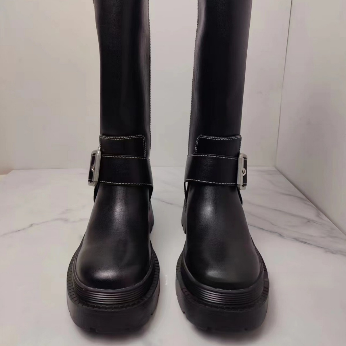 Women's Brown Retro Height Increasing Buckle Decoration High Knight Platform Boots - Image 4