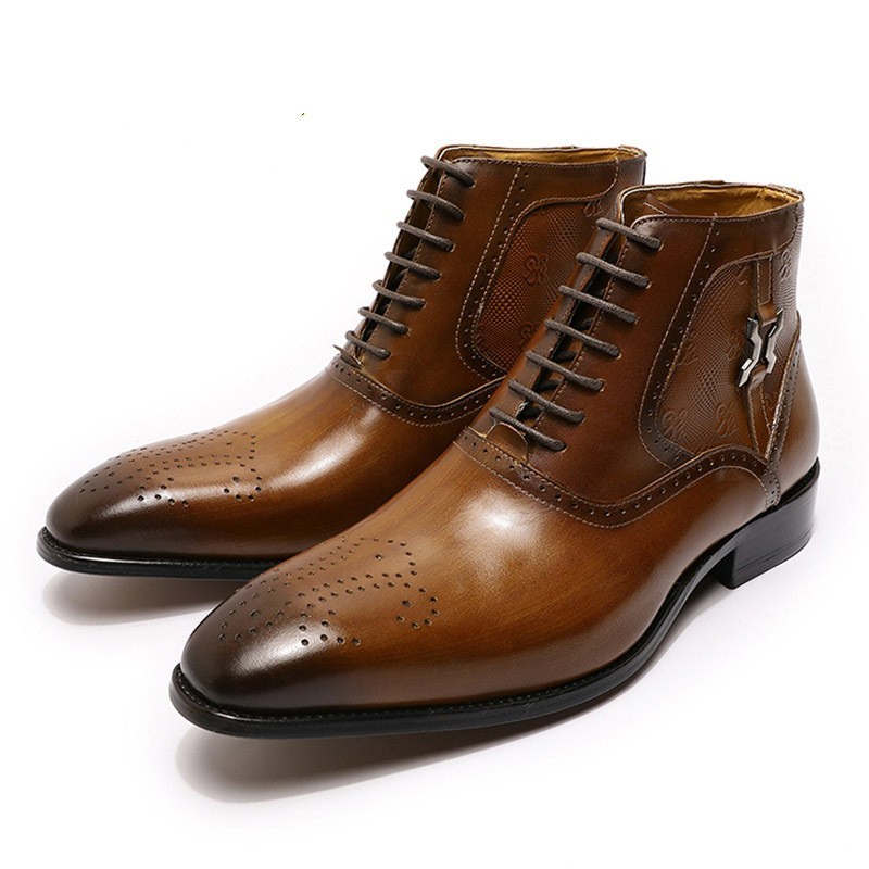 Men's Pointed Leather Boots Front Lace-up Boots