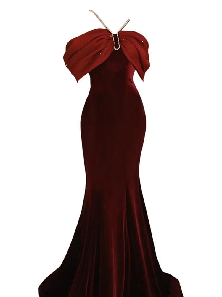 Premium Sense Wine Red Engagement Fishtail Temperament One Line Shoulder Evening Dress - Image 4
