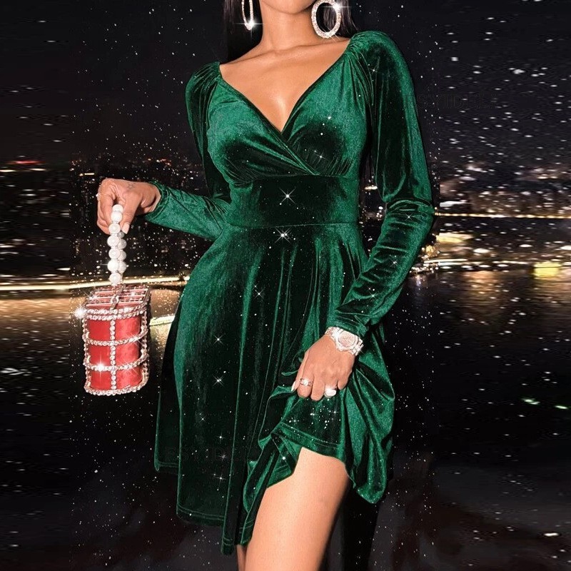Autumn Festival Christmas Long Sleeve V-neck Dress - Image 2