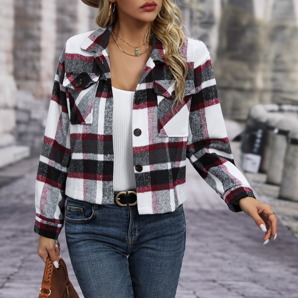Autumn And Winter New Fashion Casual Pocket Plaid Women's Woolen Short Coat - Image 6