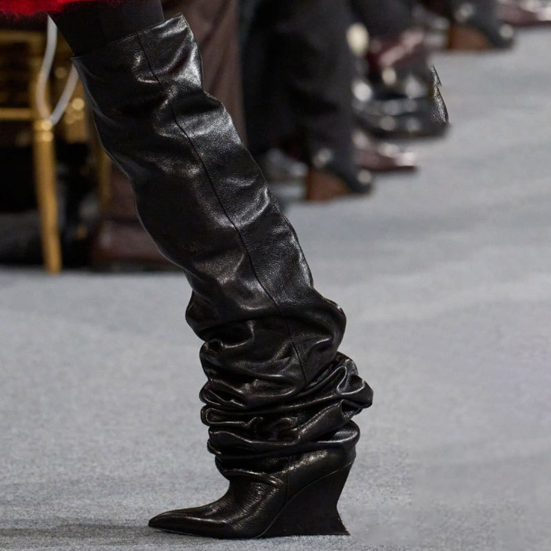 Catwalk Pleated Over-the-knee Boots Female Pointed Toe Wedge High-heel Boots - Image 3