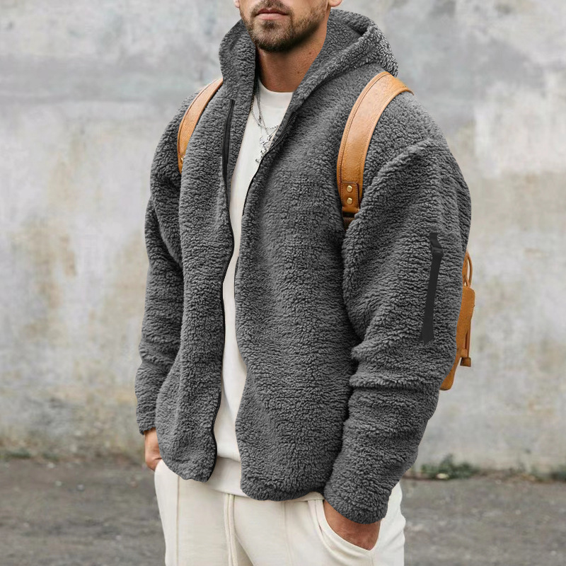 Plush Hooded Jacket Men's Autumn And Winter Fleece Double-sided Wear Warm Coat With Zipper Loose Casual Jacket Outdoor Clothing - Image 5