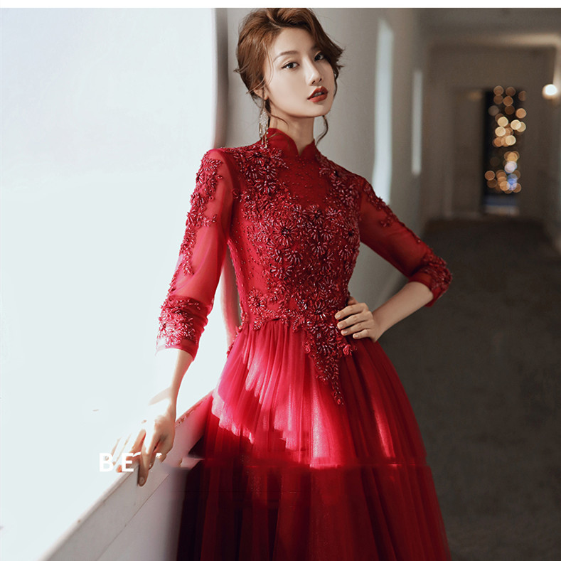 Long Sleeved Wine Red Banquet Temperament - Image 4