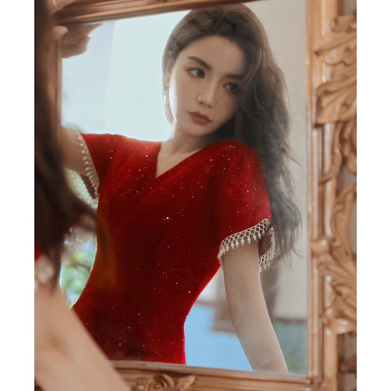 Toast Dress Bride Wine Red Wedding Dress Engagement Back Door Dress - Image 5