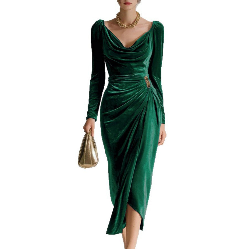 Long Sleeve Pleated Long Slit Velvet Sheath Dress - Image 5