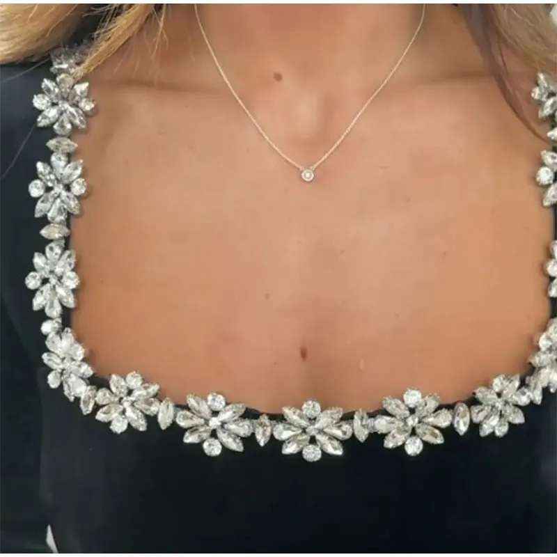 Christmas Elegant Square Neck Long-sleeved Dress With Flowers Rhinestone Design Fashion A-line Short Dresses Spring Clothing For Women - Image 5