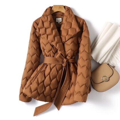 Winter Ripple-stitching Jacket With Belt Fashion Warm Pockets Lapel Coat Women's Temperament Lightweight Outwear Clothing