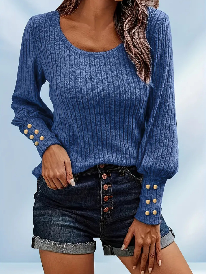 Solid Color Button Round Neck Long Sleeve Sweater - Image 7