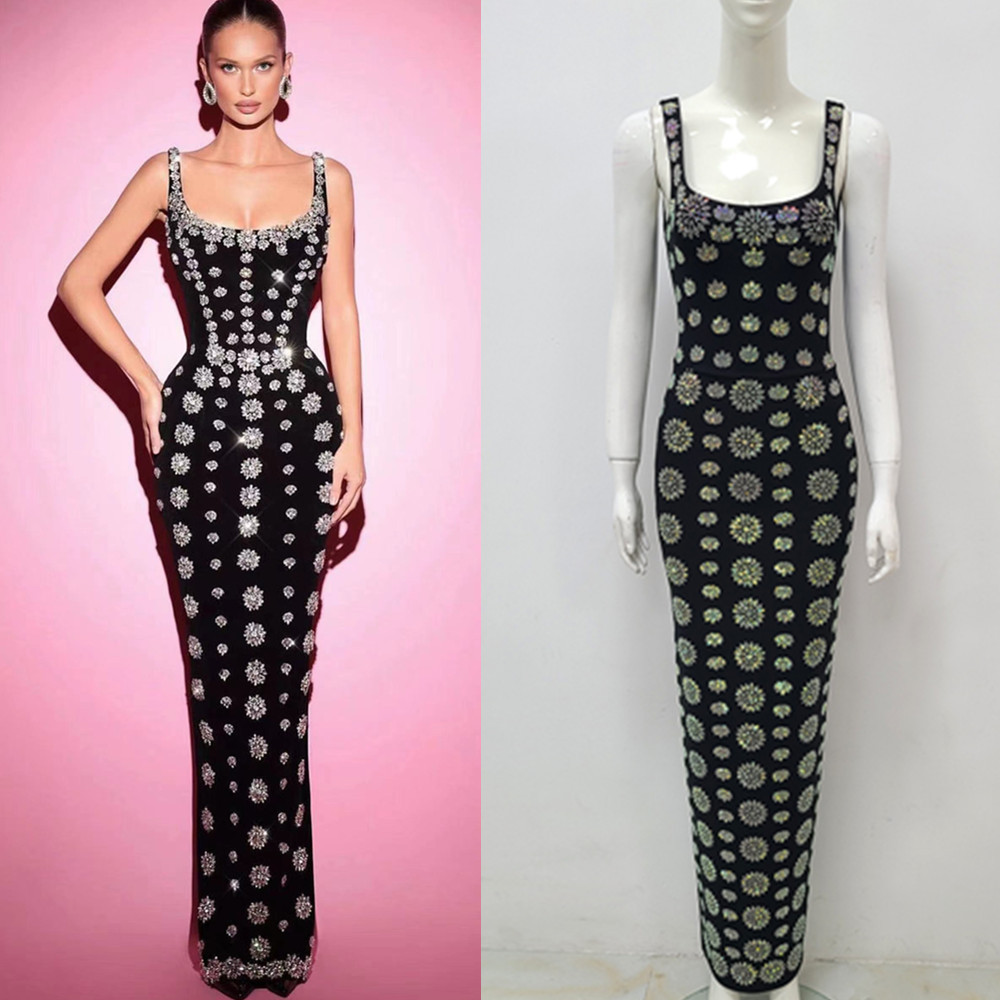 Black Sleeveless U-neck Rhinestone Elegant Slim Bandage DressEvening Dress - Image 8