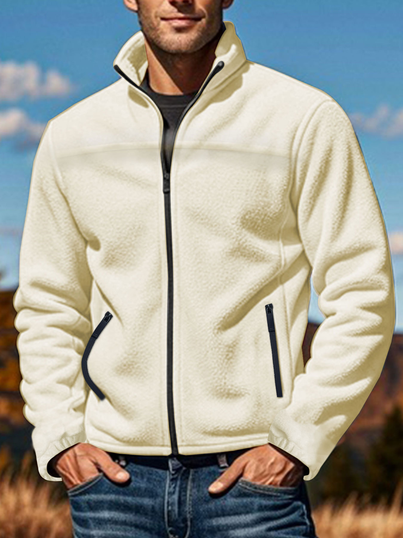 Men's Polar Fleece Jacket Outdoor Zipped Stand Collar Coat - Image 5