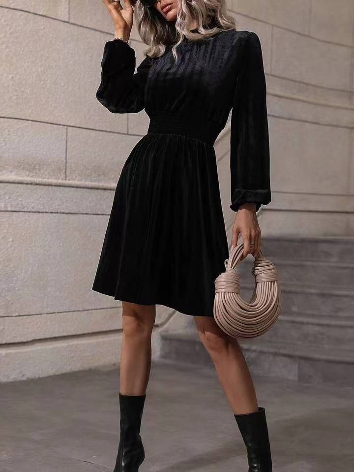 Graceful Stand Collar Solid Color Velvet Long Sleeve Dress - Image 6