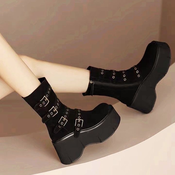 Platform Wedge Booties Women's Belt Buckle Muffin Middle Boots - Image 2
