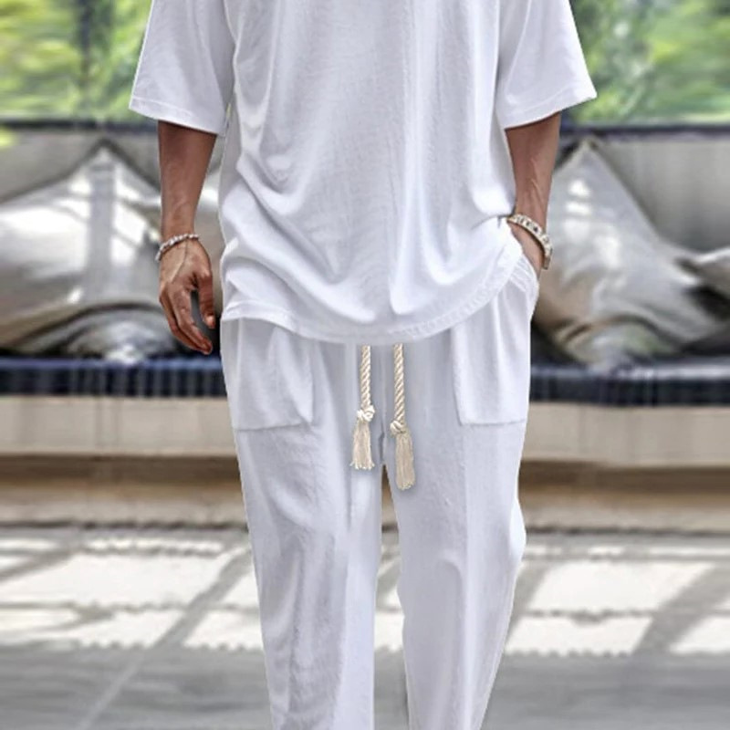 Men's Casual Solid Color Pullover V-neck Short Tube Drawstring Cufflinks Design Trousers Suit - Image 3