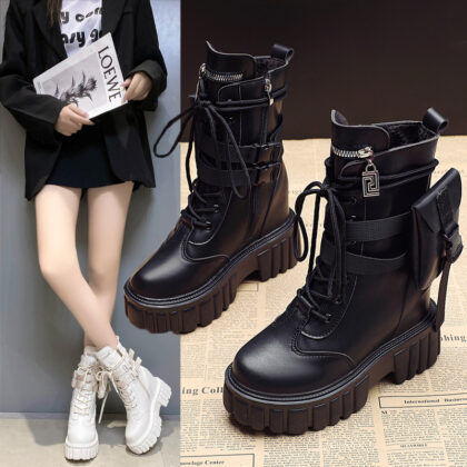 Platform Shoes Female Autumn And Winter Cotton Padded Height Increasing Insole Mid-calf Martin Boots