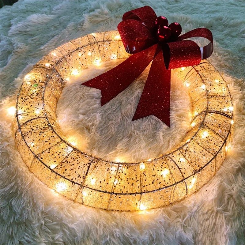 Christmas Garland 50CM Luminous LED Warm Light Metal Luminous Wreath With Big Bowknot Christmas Front Door Home Holiday Party Door Hanging Decor — изображение 2