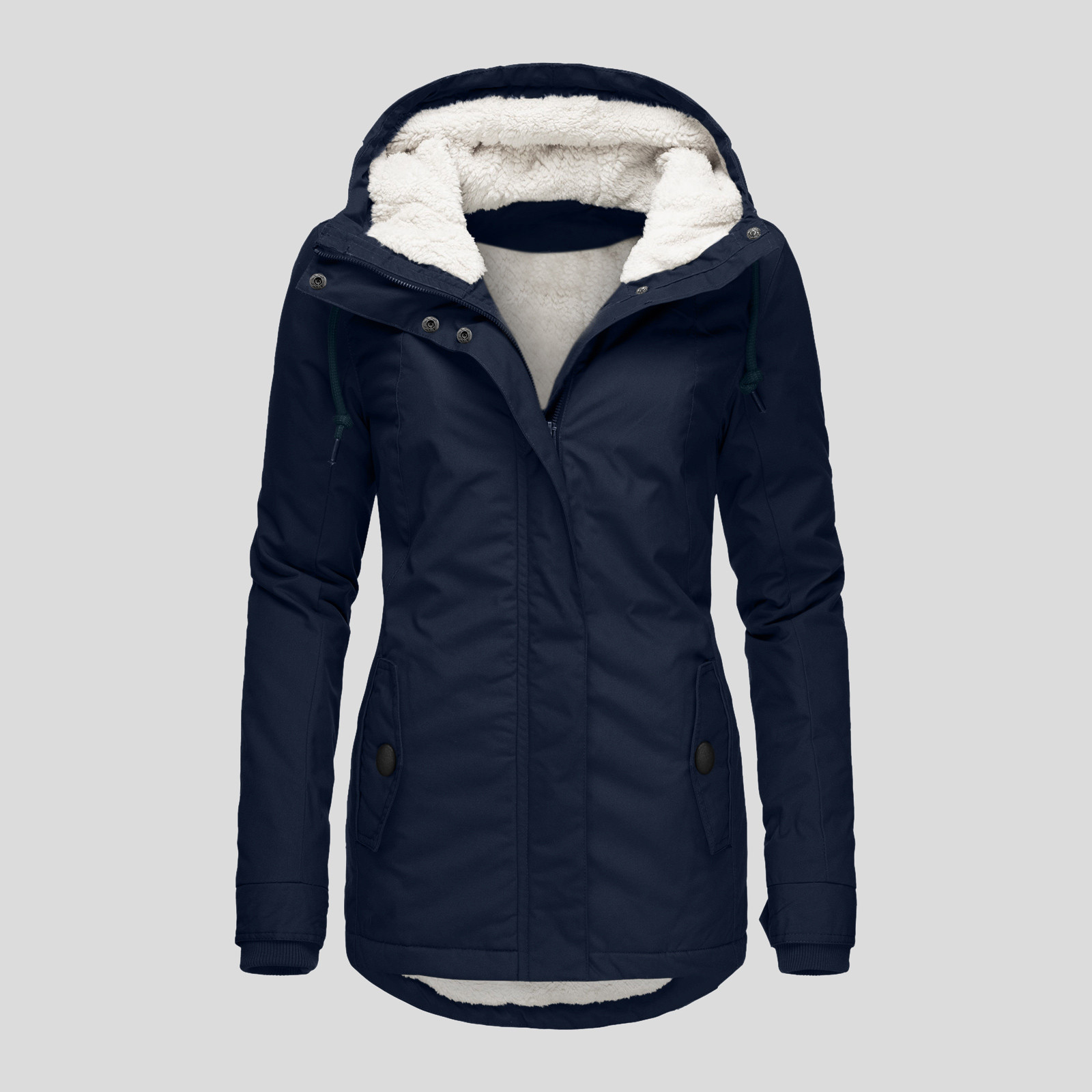 Winter Hooded Jacket Solid Color Warm Buckle Zip-up Fleece Jacket With Pockets Women's Casual Jacket - Image 6