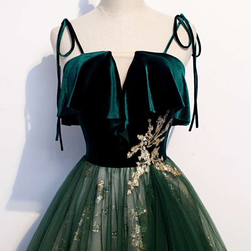 Banquet Sling Temperament Long Dress Dark Green Fantasy Mori - Image 4