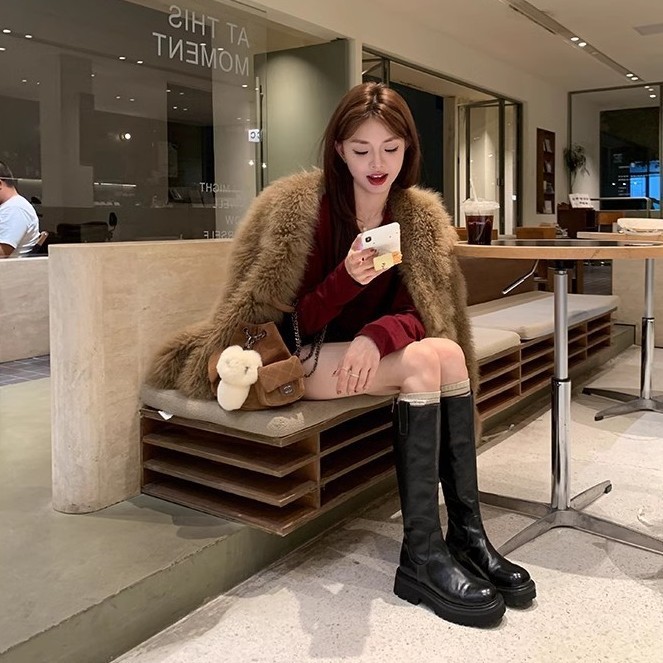 Round Head Thick Bottom Chunky Heel Long Tube Knight Boots - Image 3