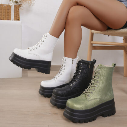 Women's Three-layer Platform Plus Round Toe Patchwork Retro Cool Martin Boots