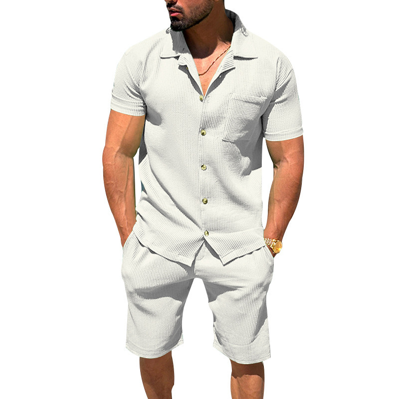 Men's Lapel Cardigan Shorts 2 Pieces Suit Summer Solid Color Vertical Stripes Short Sleeve Shorts — изображение 8