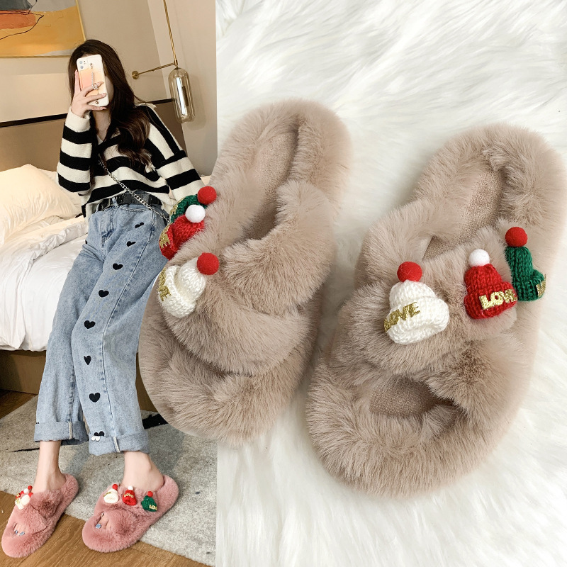 Christmas Hat Fluffy Slippers Women's Warm Toe Covering Cotton Slippers — изображение 2