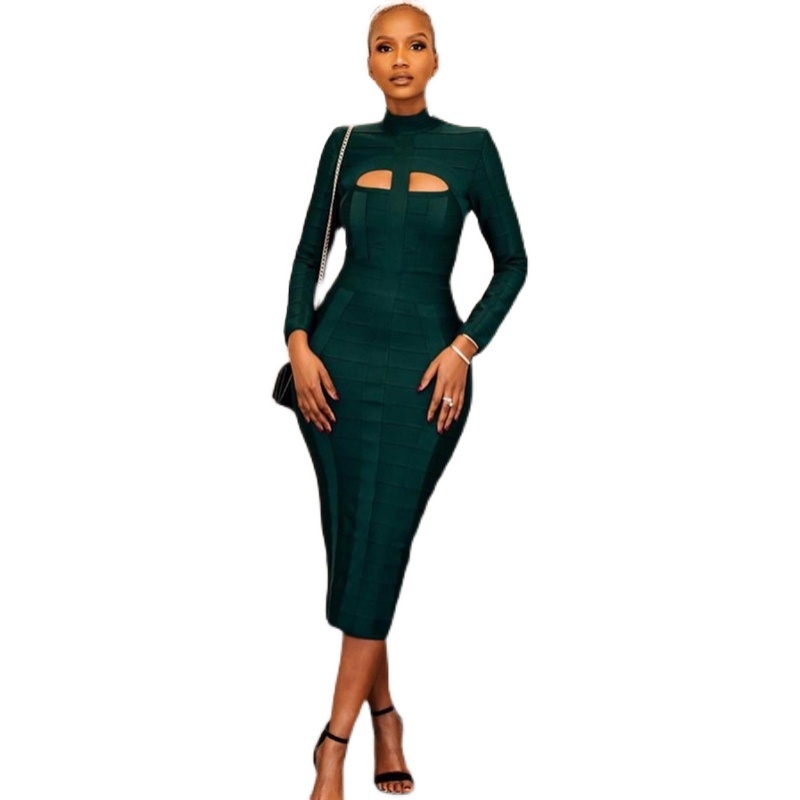 Dark Green Stand Collar Long Sleeve Slim Fit Bandage Dress — изображение 4