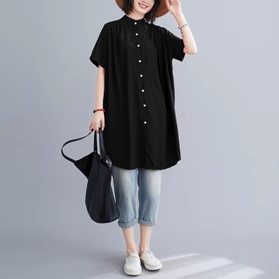 Women's Mid-length Short Sleeve Breasted Stand Collar Irregular Shirt — изображение 4
